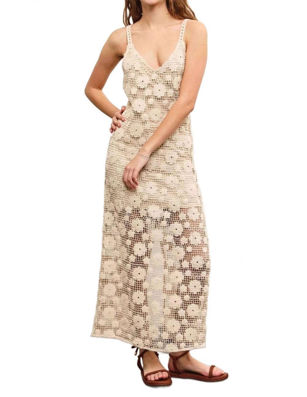 NEW MUSTARD SEED solid crochet floral slit midi dress in natural